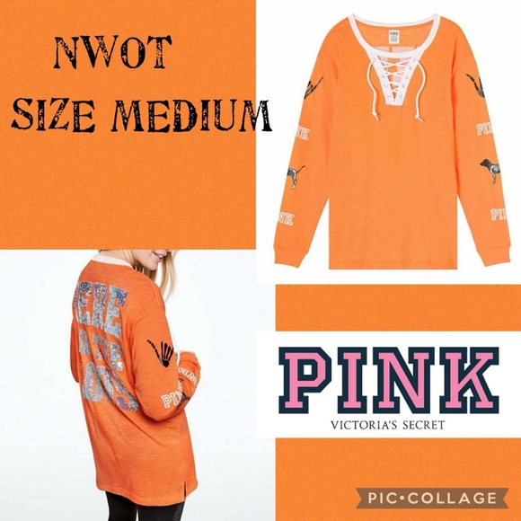 ❌SOLD❌ VS PINK LACE UP LONG SLEEVE CAMPUS TEE SHIRT HERE FOR THE BOOS BLING DOG - Picture 1 of 8
